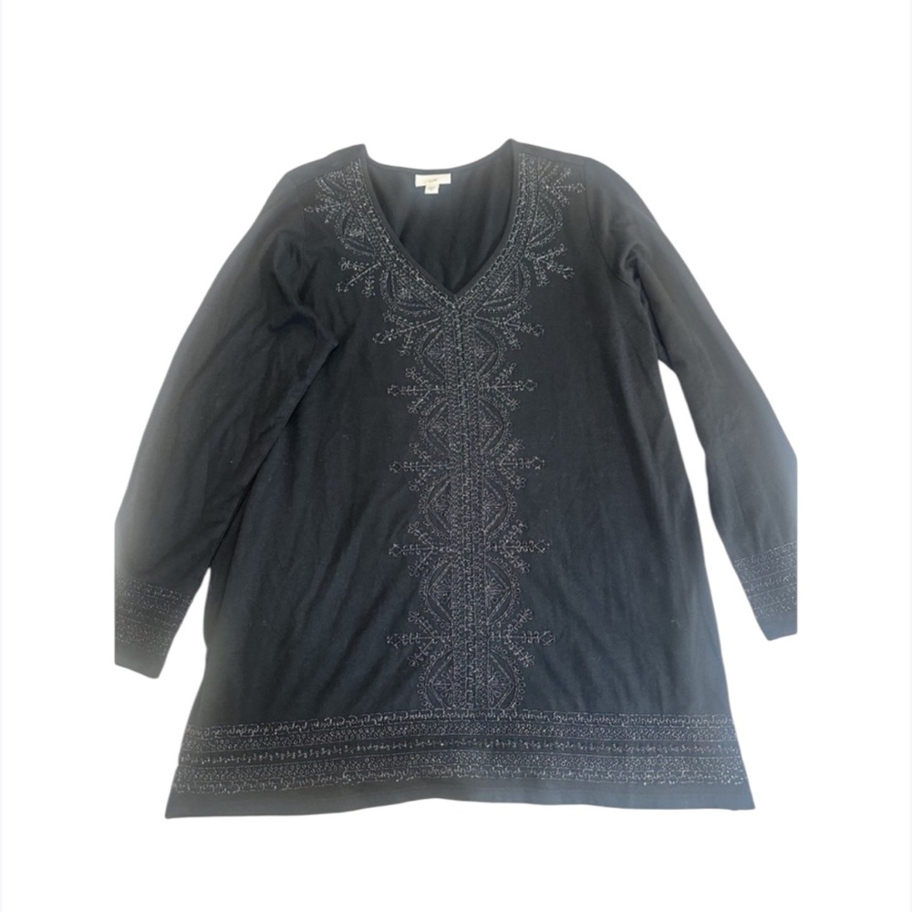 J Jill Top Womens M Black Floral Embroidered Thermal Waffle Knit Long Sleeve